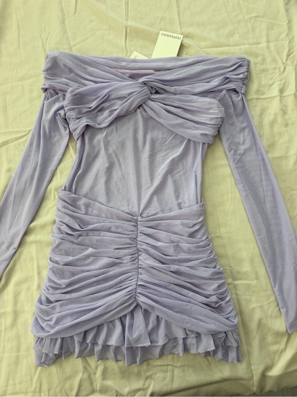 Peppermayo Lilac Off-Shoulder Ruched Long Sleeve Mini Dress - Picture 3 of 5